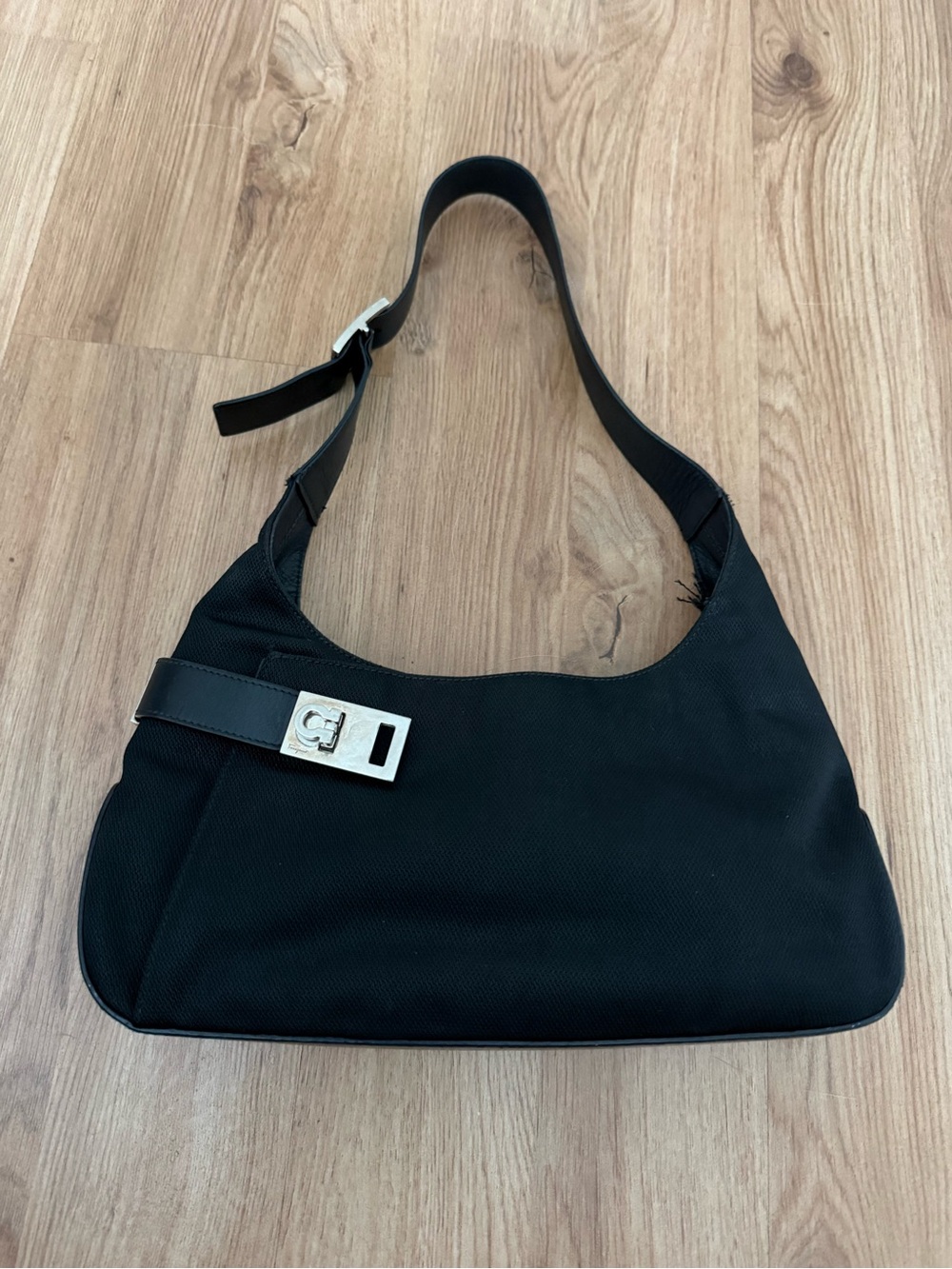 Authentic Salvatore Ferragamo Black Leather Trim Gancini Hobo Shoulder Bag - Picture 2 of 9
